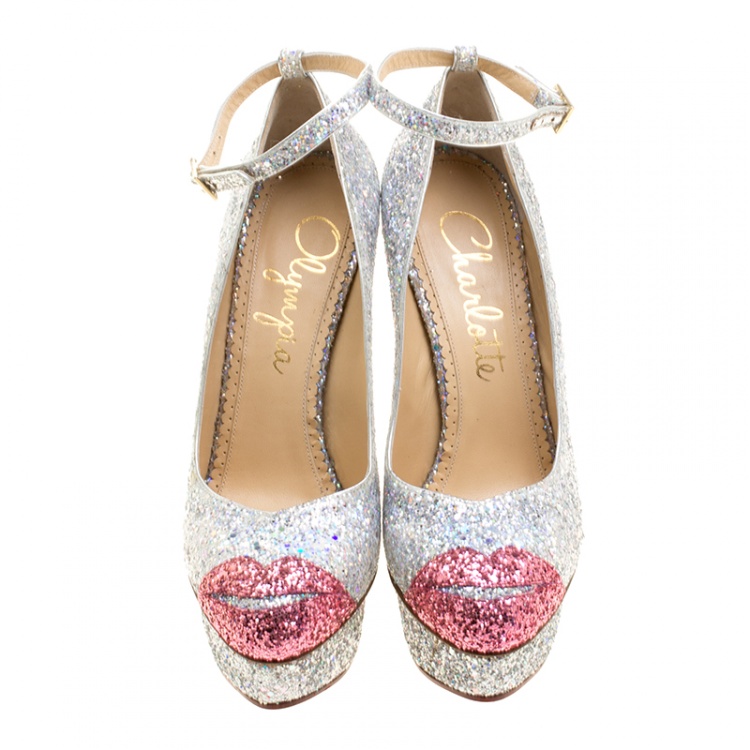 Pre Owned Charlotte Olympia Two Tone Glitter Kiss Me Dolores! Ankle Strap Platform Pumps Size 40