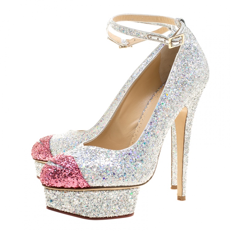 Pre Owned Charlotte Olympia Two Tone Glitter Kiss Me Dolores! Ankle Strap Platform Pumps Size 40