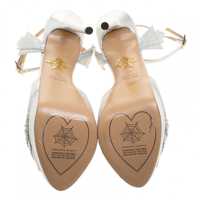 مملوكة مسبقًا Charlotte Olympia Metallic Silver Leather Sky Scraper Crystal Embellished Peep Toe Ankle Strap Platform Sandals Size 40