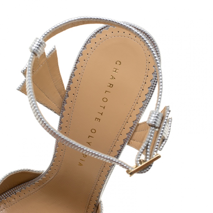 مملوكة مسبقًا Charlotte Olympia Metallic Silver Leather Sky Scraper Crystal Embellished Peep Toe Ankle Strap Platform Sandals Size 40