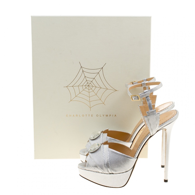 مملوكة مسبقًا Charlotte Olympia Metallic Silver Leather Sky Scraper Crystal Embellished Peep Toe Ankle Strap Platform Sandals Size 40