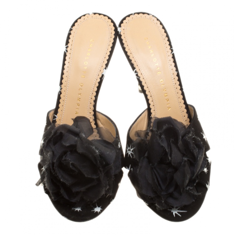 Pre Owned Charlotte Olympia Black Crystal Embellished Suede Coquette Flower Embellished Slides Size 37.5