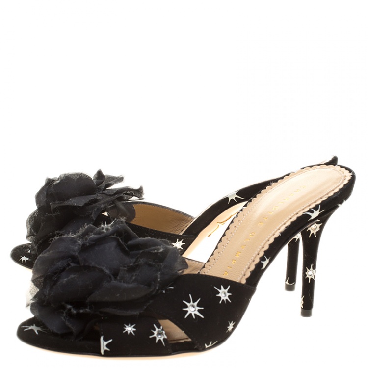 Pre Owned Charlotte Olympia Black Crystal Embellished Suede Coquette Flower Embellished Slides Size 37.5
