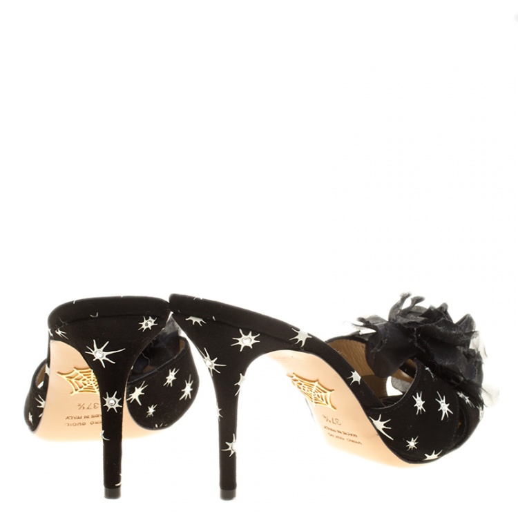 Pre Owned Charlotte Olympia Black Crystal Embellished Suede Coquette Flower Embellished Slides Size 37.5