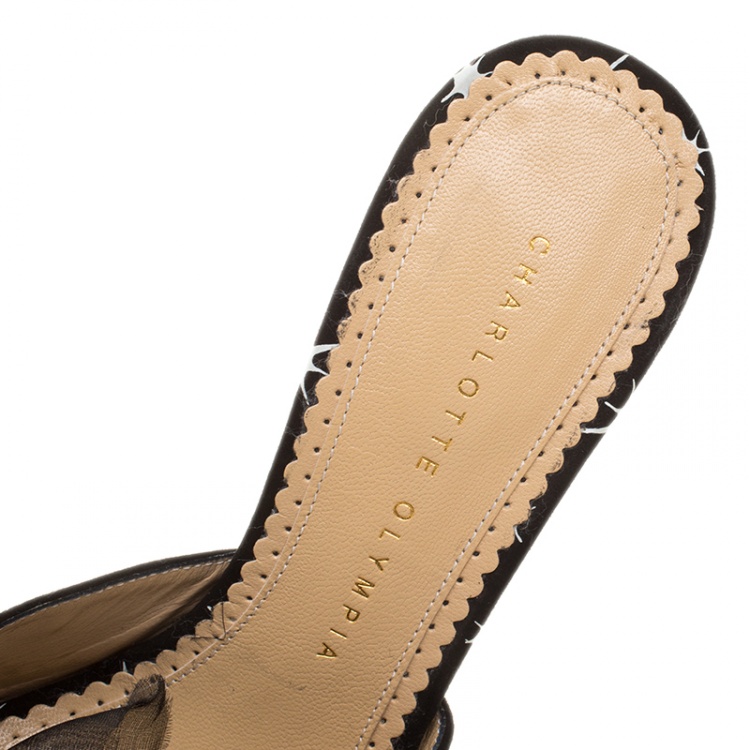 Pre Owned Charlotte Olympia Black Crystal Embellished Suede Coquette Flower Embellished Slides Size 37.5