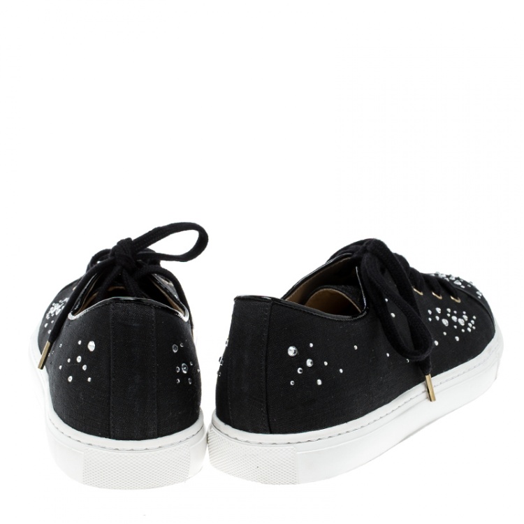 Pre Owned Charlotte Olympia Black Crystal Embellished Linen Bejeweled Low Top Sneakers Size 41