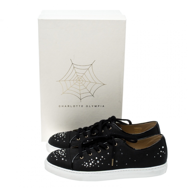 Pre Owned Charlotte Olympia Black Crystal Embellished Linen Bejeweled Low Top Sneakers Size 41