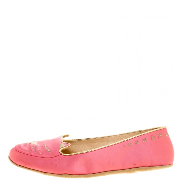 Pre Owned Charlotte Olympia Pink Satin Cat Nap Slipper Set S