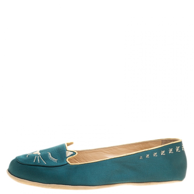 Pre Owned Charlotte Olympia Green Satin Cat Nap Slipper Set M