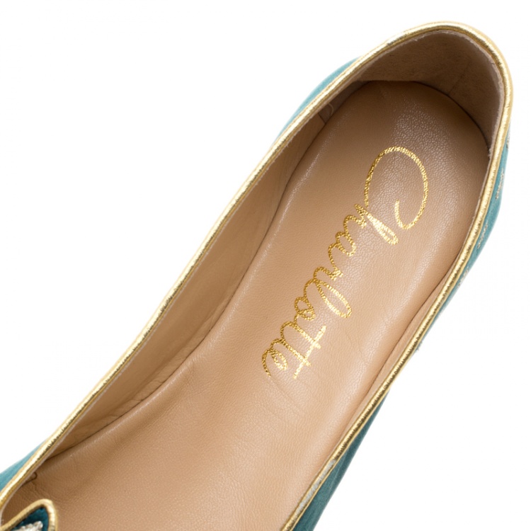 Pre Owned Charlotte Olympia Green Satin Cat Nap Slipper Set M