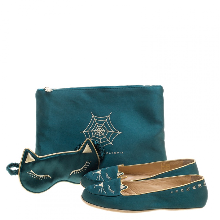 Pre Owned Charlotte Olympia Green Satin Cat Nap Slipper Set M