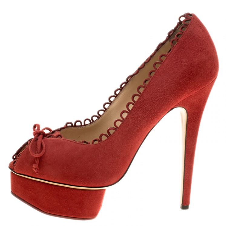 Pre Owned Charlotte Olympia Red Suede Daphne Scalloped Trim Peep Toe Platform Pumps Size 40