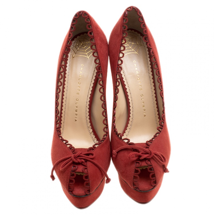 Pre Owned Charlotte Olympia Red Suede Daphne Scalloped Trim Peep Toe Platform Pumps Size 40