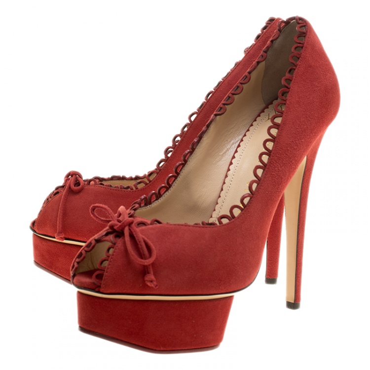 Pre Owned Charlotte Olympia Red Suede Daphne Scalloped Trim Peep Toe Platform Pumps Size 40