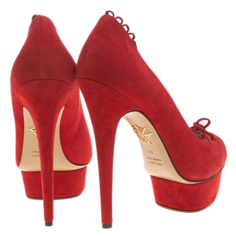 Pre Owned Charlotte Olympia Red Suede Daphne Scalloped Trim Peep Toe Platform Pumps Size 40