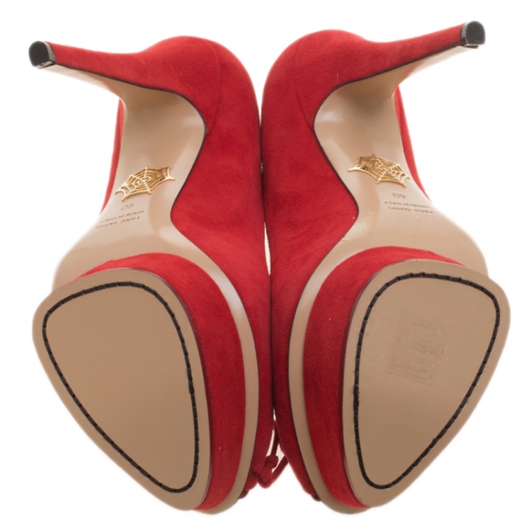 Pre Owned Charlotte Olympia Red Suede Daphne Scalloped Trim Peep Toe Platform Pumps Size 40
