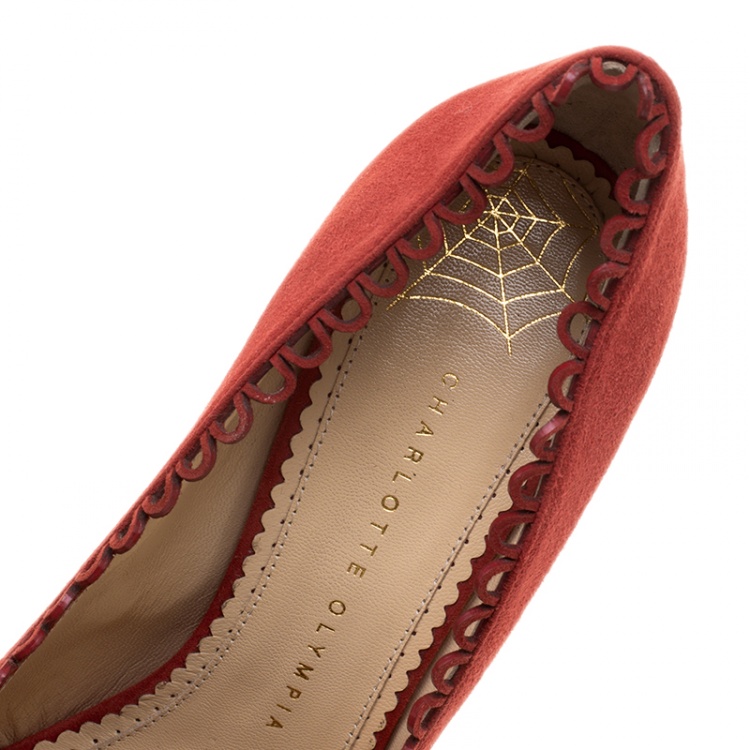 Pre Owned Charlotte Olympia Red Suede Daphne Scalloped Trim Peep Toe Platform Pumps Size 40