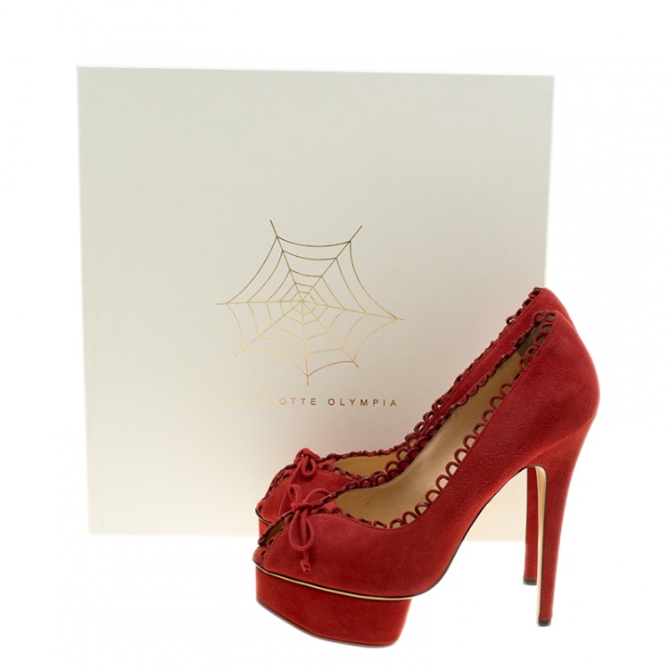 Pre Owned Charlotte Olympia Red Suede Daphne Scalloped Trim Peep Toe Platform Pumps Size 40