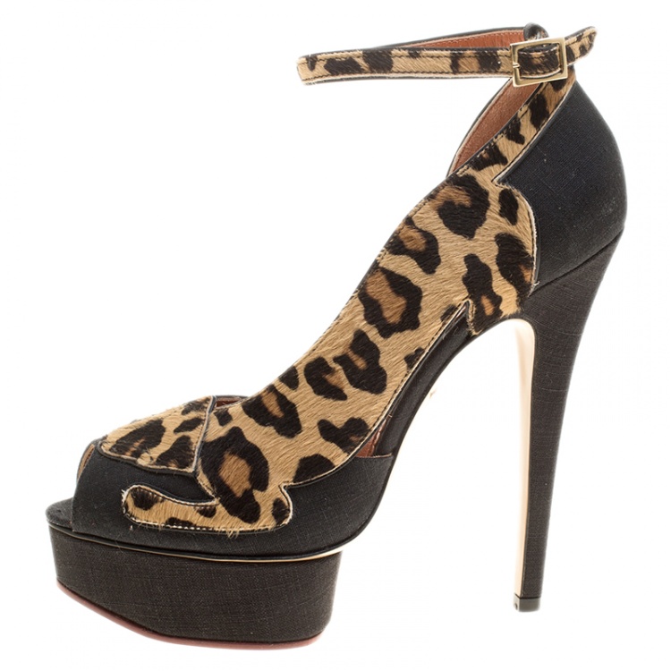 مملوكة مسبقًا Charlotte Olympia Black Linen and Calf Hair Leopardess Platform Ankle Strap D'orsay Pumps Size 37