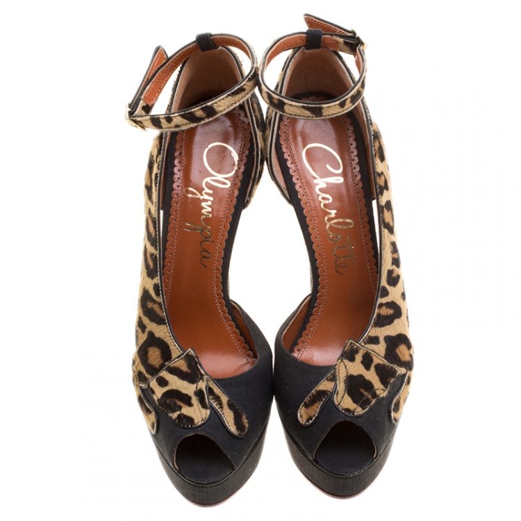مملوكة مسبقًا Charlotte Olympia Black Linen and Calf Hair Leopardess Platform Ankle Strap D'orsay Pumps Size 37