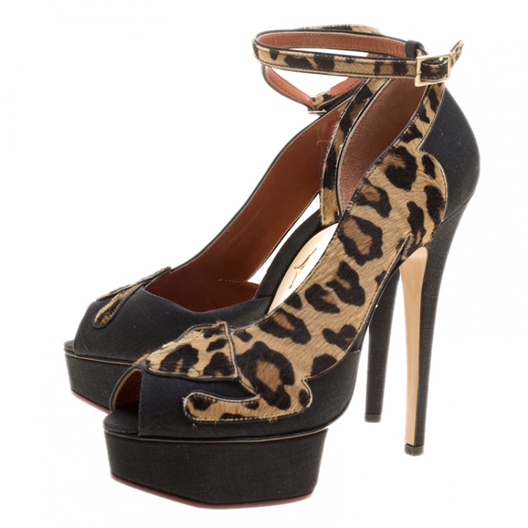 مملوكة مسبقًا Charlotte Olympia Black Linen and Calf Hair Leopardess Platform Ankle Strap D'orsay Pumps Size 37