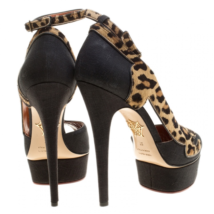 مملوكة مسبقًا Charlotte Olympia Black Linen and Calf Hair Leopardess Platform Ankle Strap D'orsay Pumps Size 37