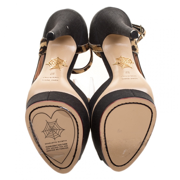 مملوكة مسبقًا Charlotte Olympia Black Linen and Calf Hair Leopardess Platform Ankle Strap D'orsay Pumps Size 37