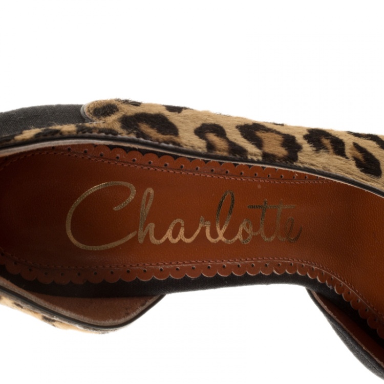 مملوكة مسبقًا Charlotte Olympia Black Linen and Calf Hair Leopardess Platform Ankle Strap D'orsay Pumps Size 37