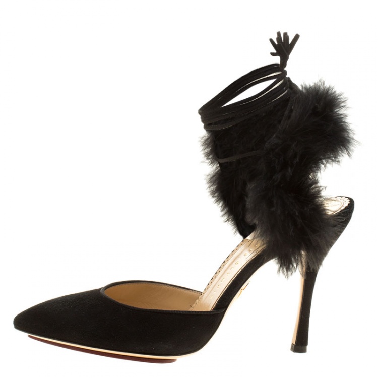 Pre Owned Charlotte Olympia Black Suede and Fur Trim Tango Pointed Toe Sandals Size 38.5