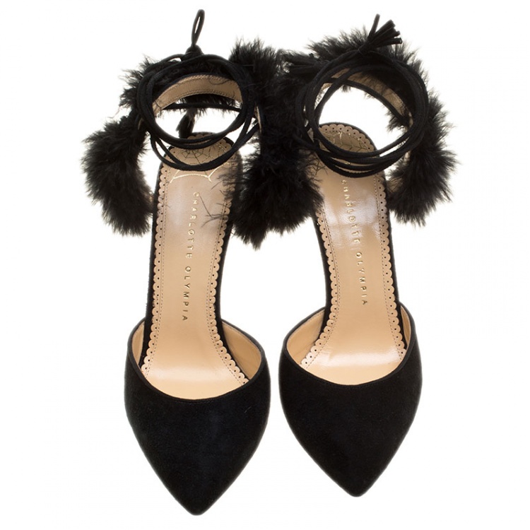 Pre Owned Charlotte Olympia Black Suede and Fur Trim Tango Pointed Toe Sandals Size 38.5