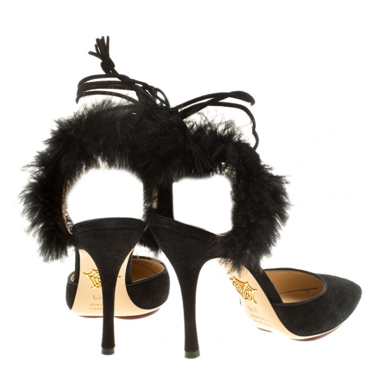 Pre Owned Charlotte Olympia Black Suede and Fur Trim Tango Pointed Toe Sandals Size 38.5