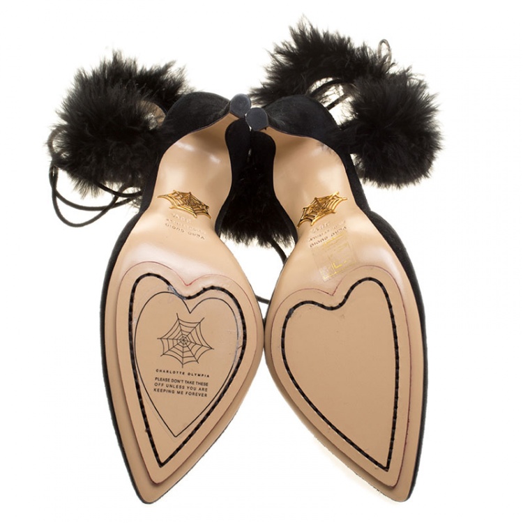 Pre Owned Charlotte Olympia Black Suede and Fur Trim Tango Pointed Toe Sandals Size 38.5