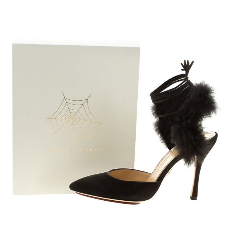Pre Owned Charlotte Olympia Black Suede and Fur Trim Tango Pointed Toe Sandals Size 38.5