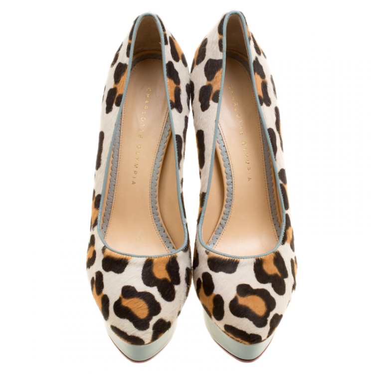 مملوكة مسبقًا Charlotte Olympia Beige Leopard Print Calf Hair Polly Platform Pumps Size 39.5