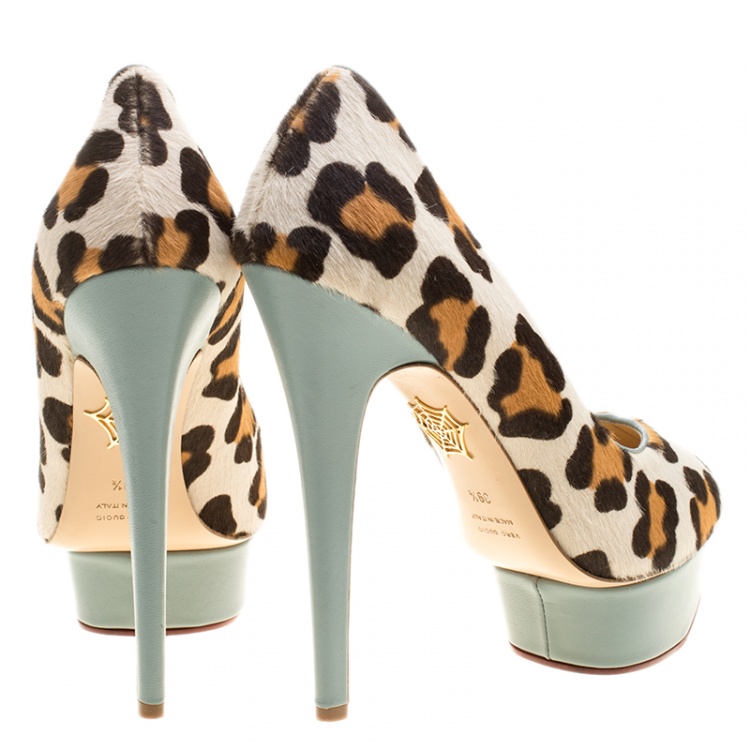 مملوكة مسبقًا Charlotte Olympia Beige Leopard Print Calf Hair Polly Platform Pumps Size 39.5