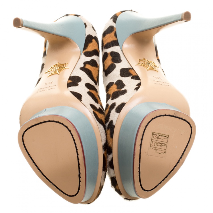 مملوكة مسبقًا Charlotte Olympia Beige Leopard Print Calf Hair Polly Platform Pumps Size 39.5