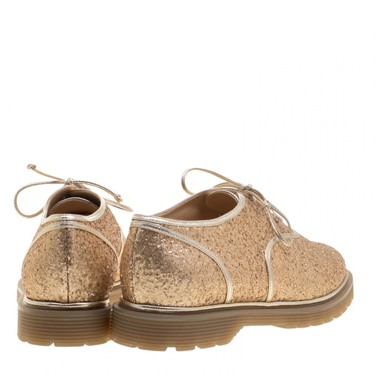 Pre Owned Charlotte Olympia Metallic Dull Gold Glitter Stefania Oxfords Size 37.5