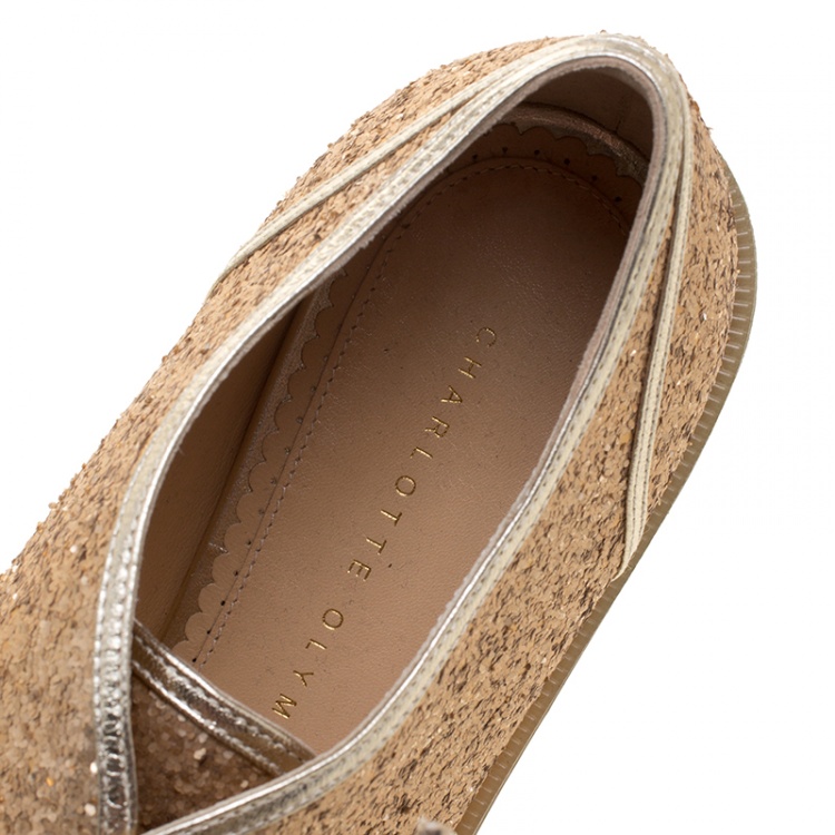 Pre Owned Charlotte Olympia Metallic Dull Gold Glitter Stefania Oxfords Size 37.5