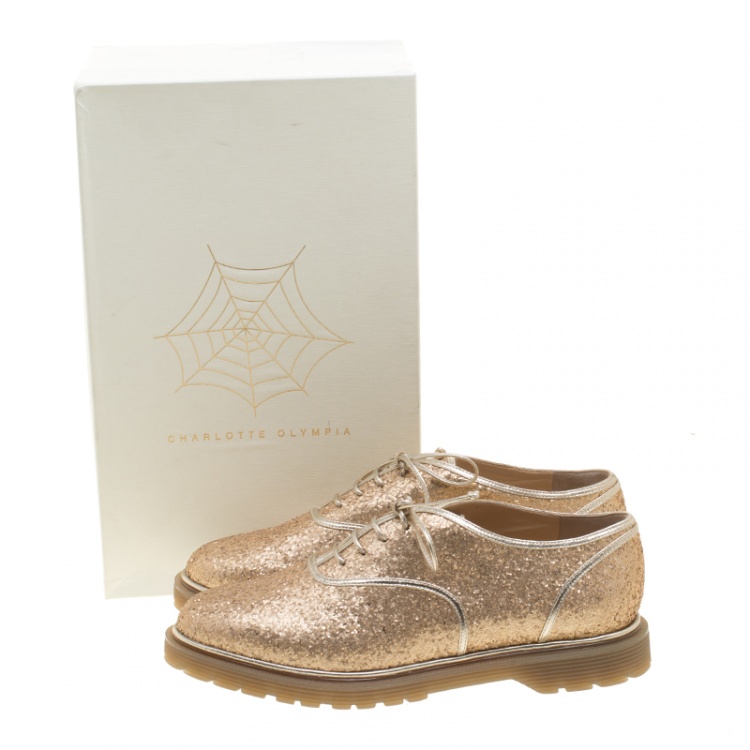 Pre Owned Charlotte Olympia Metallic Dull Gold Glitter Stefania Oxfords Size 37.5