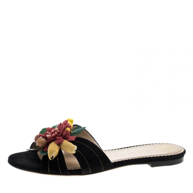 Pre Owned Charlotte Olympia Black Suede Tropical Floral Embellished Flat Slides Size 38
