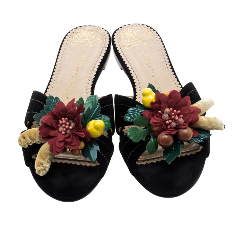 Pre Owned Charlotte Olympia Black Suede Tropical Floral Embellished Flat Slides Size 38