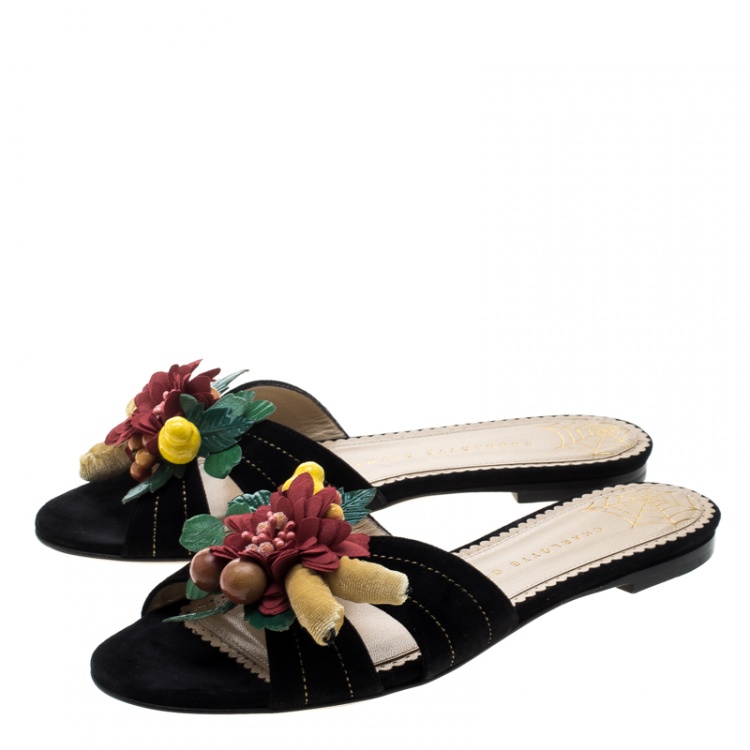 Pre Owned Charlotte Olympia Black Suede Tropical Floral Embellished Flat Slides Size 38