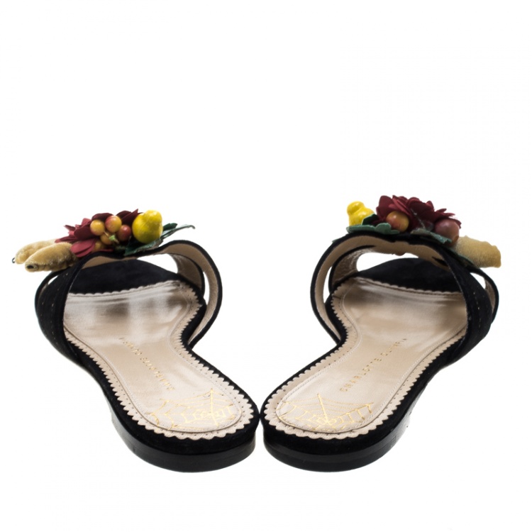 Pre Owned Charlotte Olympia Black Suede Tropical Floral Embellished Flat Slides Size 38