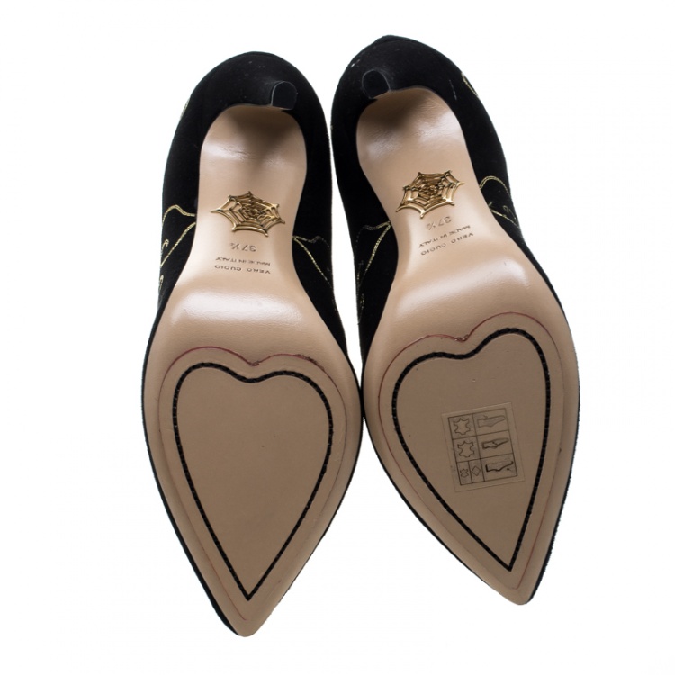 Pre Owned Charlotte Olympia Black Embroidered Suede Betsy Pointed Toe Ankle Boots Size 37.5