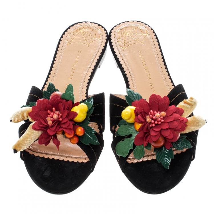 Pre Owned Charlotte Olympia Black Suede Tropical Floral Embellished Flat Slides Size 36