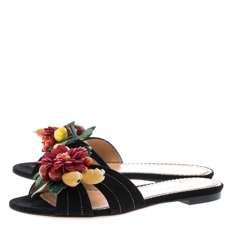 Pre Owned Charlotte Olympia Black Suede Tropical Floral Embellished Flat Slides Size 36