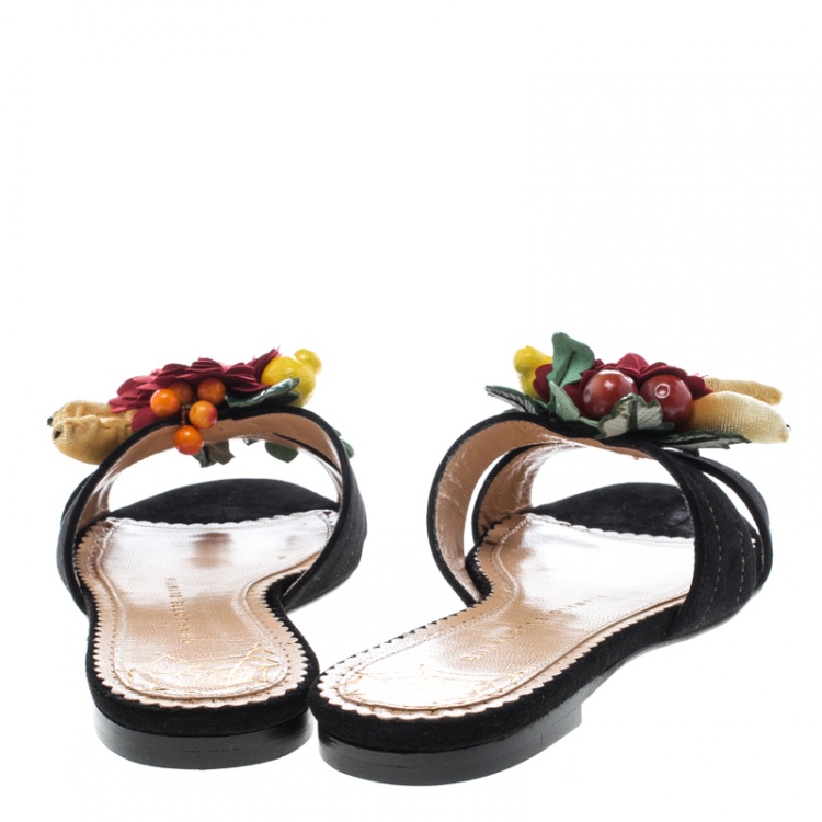 Pre Owned Charlotte Olympia Black Suede Tropical Floral Embellished Flat Slides Size 36