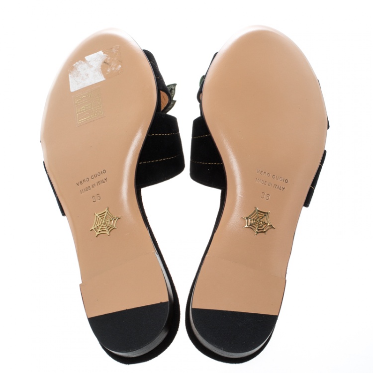 Pre Owned Charlotte Olympia Black Suede Tropical Floral Embellished Flat Slides Size 36