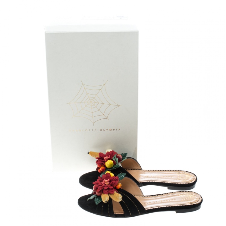 Pre Owned Charlotte Olympia Black Suede Tropical Floral Embellished Flat Slides Size 36