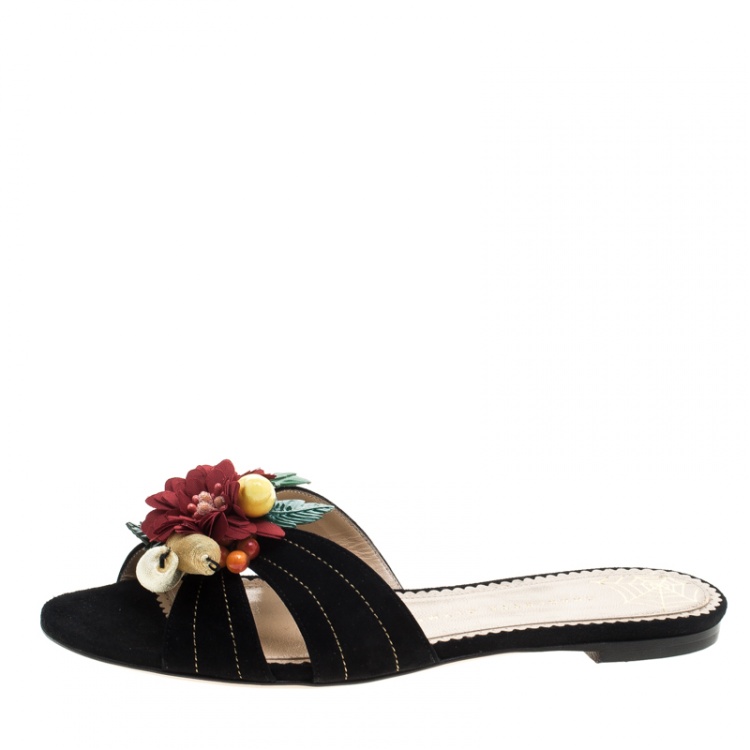Pre Owned Charlotte Olympia Black Suede Tropical Floral Embellished Flat Slides Size 40